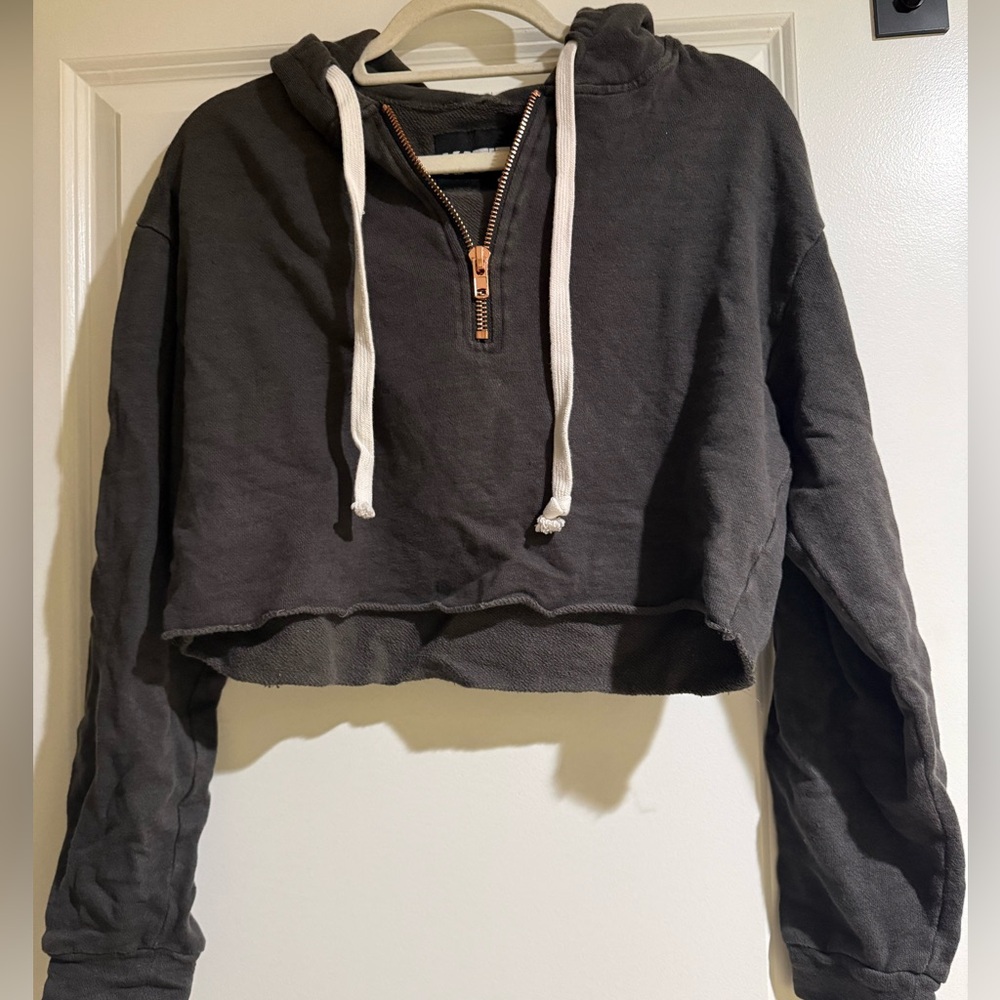 Katie J NYC Cropped Half-Zip Hoodie in Charcoal with White Drawstrings